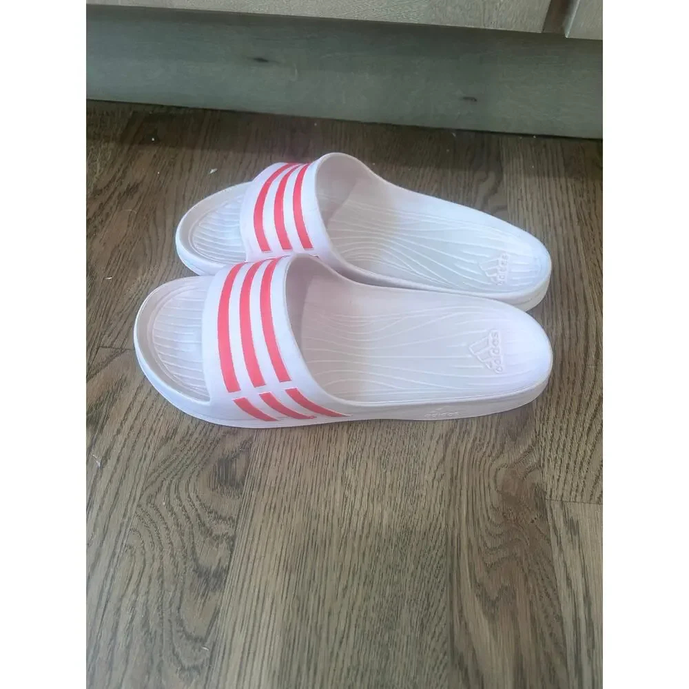 Adidas Duramo Slide Sandals White Pink 3 Stripe Sport Slip On Slides Women's 10
